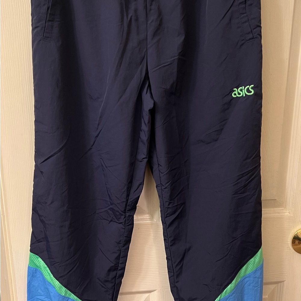 ASICS Tiger Navy Track Pants with Green and Blue Accents